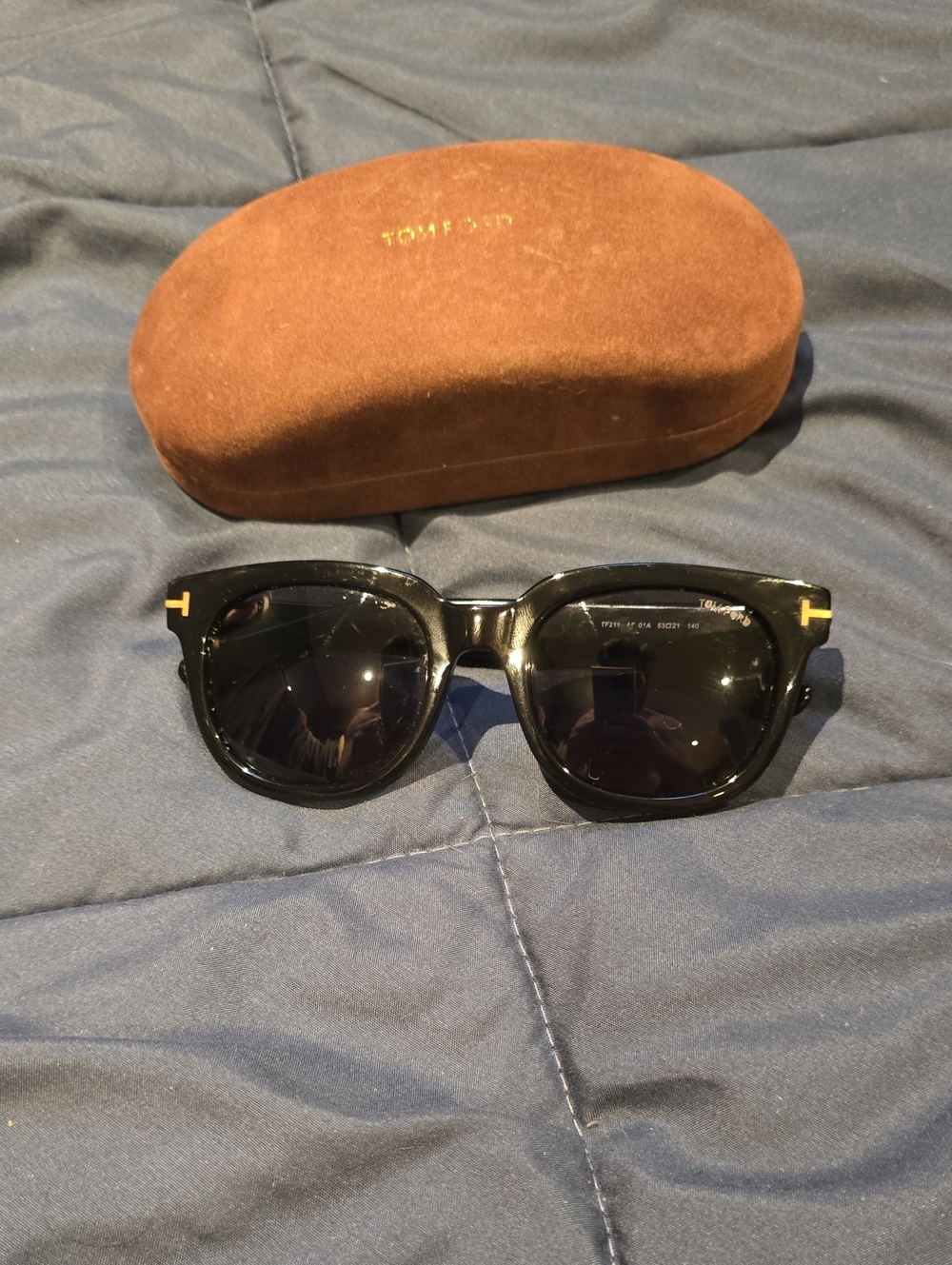 Tom Ford Black Sunglasses with Gold Accents and Brown Case